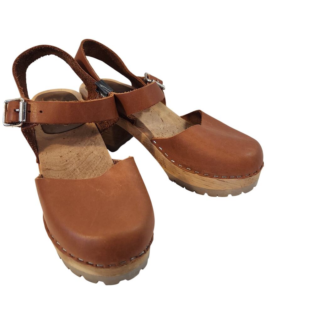 MIA Swedish Clogs Brown Leather Wooden Platform Sandals Size 36 (US 6)
